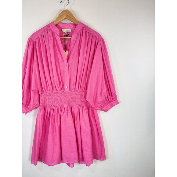 NWT Pinch Womens Dress Pink Mini Smocked Fit Flare V Neck Long Sleeve Medium - Picture 4 of 9